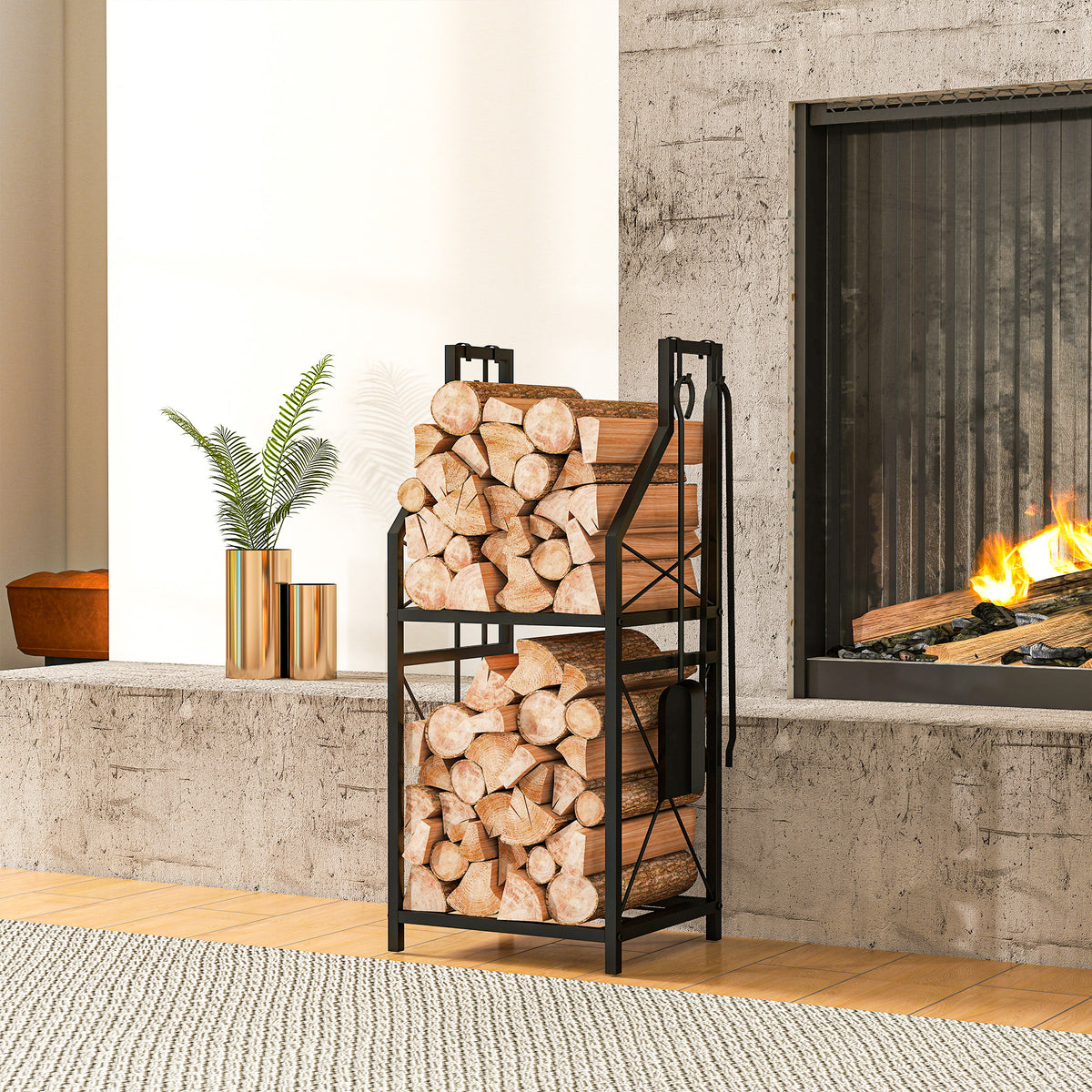 Suporte Metálico para Lenha 2 Níveis com 4 Ferramentas Ganchos e Base Elevada para Interior e Exterior 34x30x80 cm Preto — foto 2