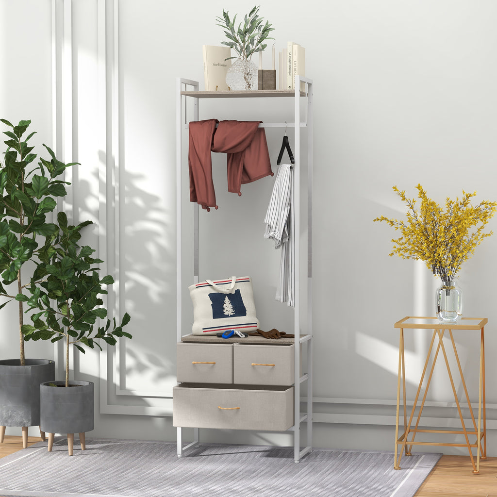 Suporte para Cabides com 3 Gavetas de Tecido Barra para Pendurar e Prateleira de Armazenamento para Entrada Quarto Sala 58,5x30x178 cm Natural — foto 2