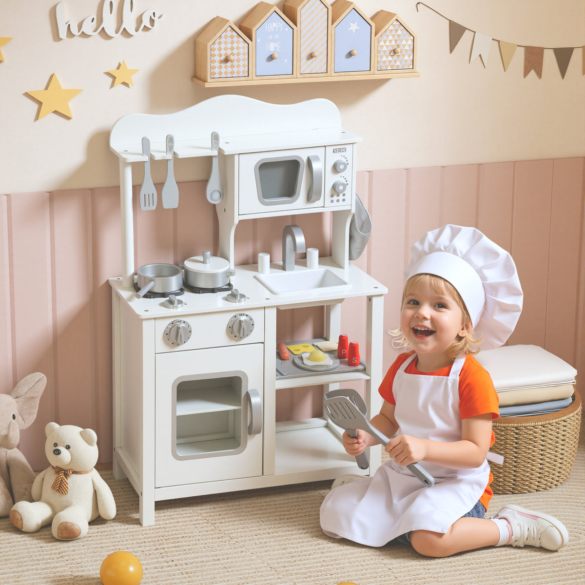 Cozinha de Brincar em Madeira com Som Cozinha Infantil com Acessórios Lava-Loiças Micro-Ondas e Fogão Brinquedos para Crianças a Partir de 3 Anos 55x24x86 cm Branco — foto 2