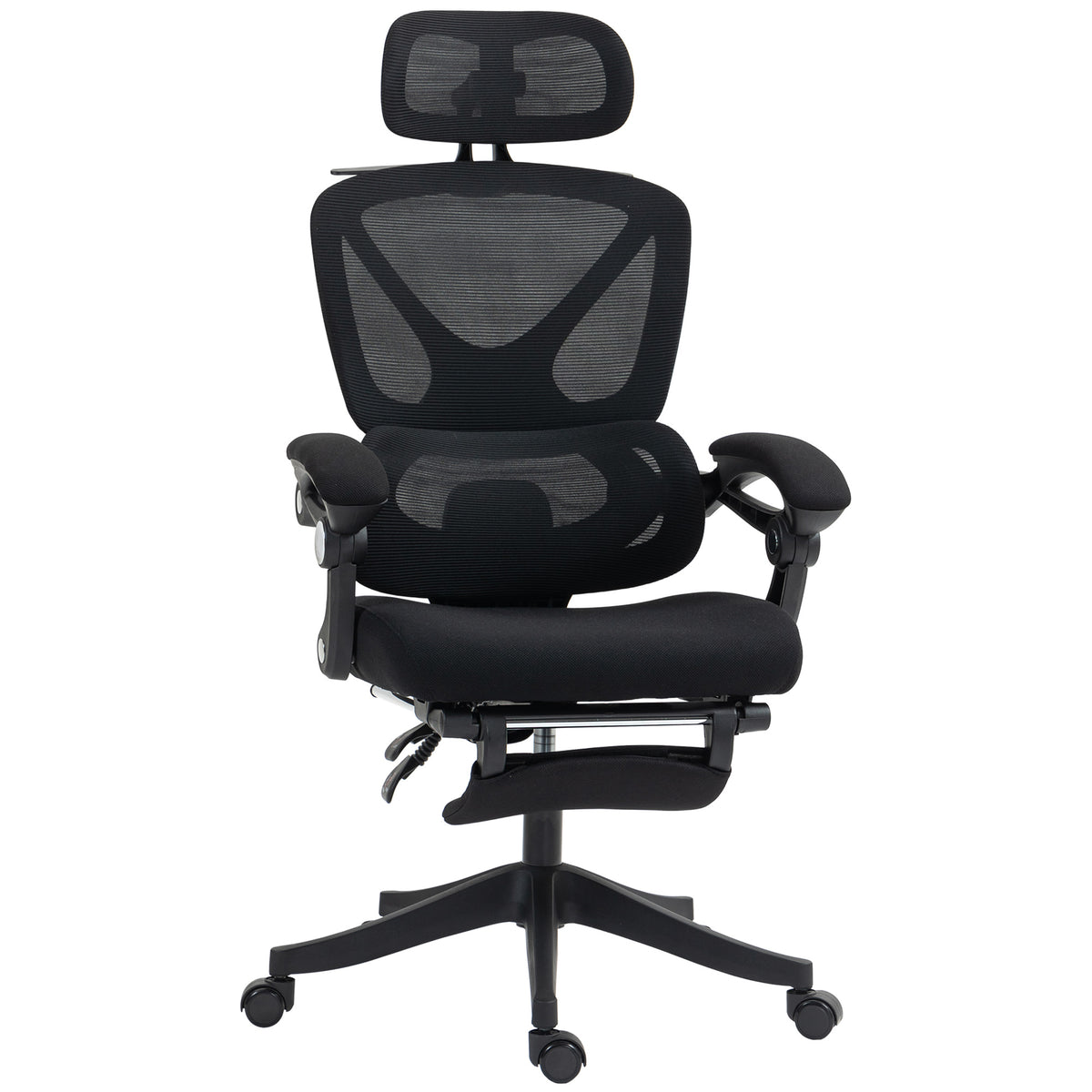 Cadeira de Escritório de Malha Cadeira de Secretária Reclinável com Apoio para a Cabeça Suporte Lombar Apoio para os Pés e Altura Regulável Função de Inclinação Suporta até 135 kg 71x70x109-119 cm Preto — foto 1