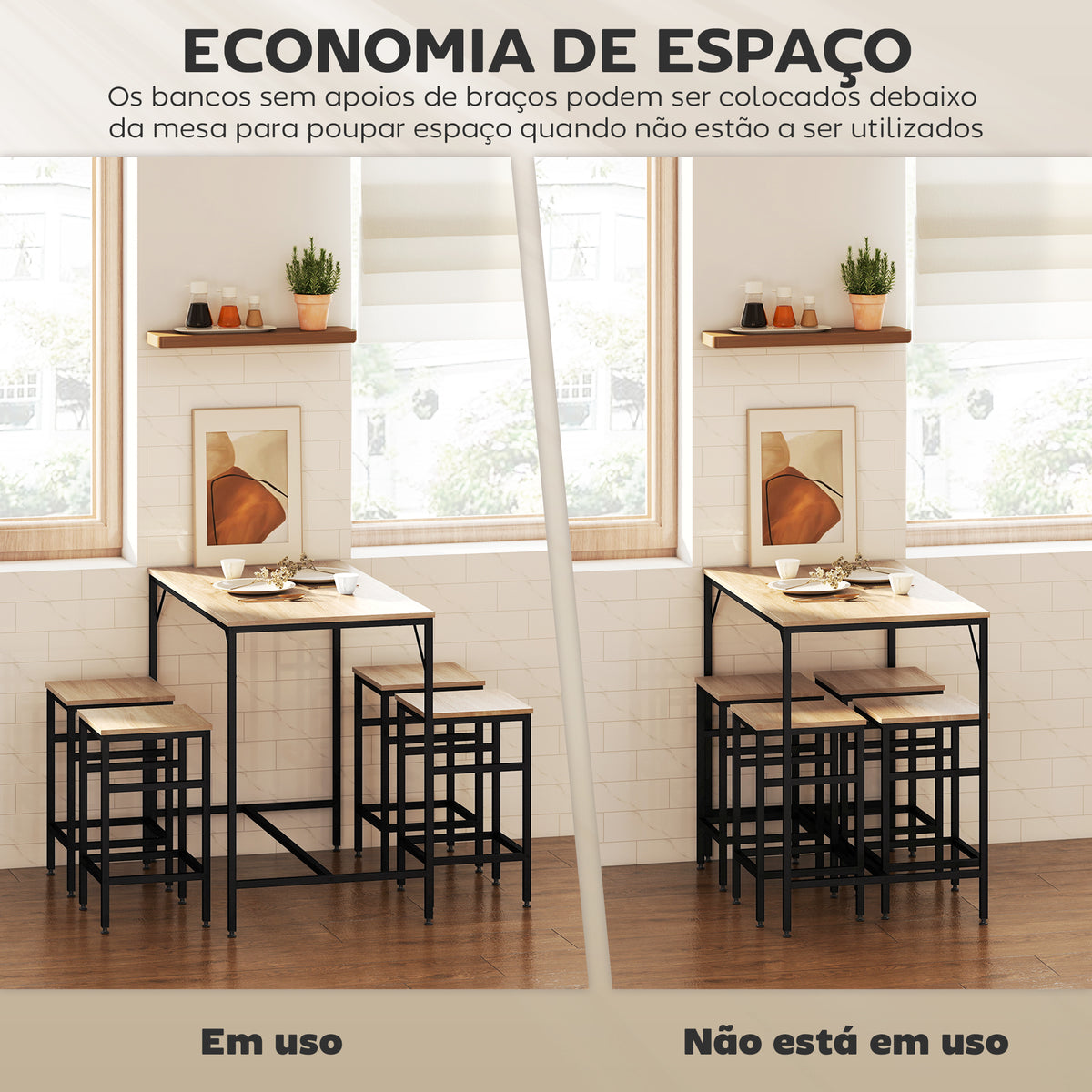 Conjunto de Mesa de Bar com 4 Bancos com Apoio para os Pés Conjunto de Móveis de 5 Peças Mesa de 100x60x88cm e Bancos de 32x32x57cm para Sala de Jantar Cozinha Preto e Carvalho — foto 4