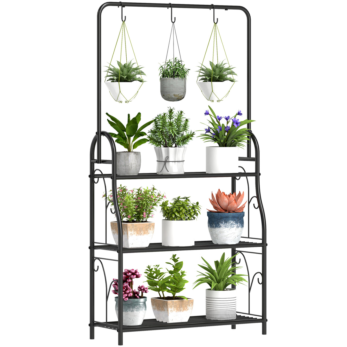 Suporte para Plantas de 3 Níveis Suporte para Vasos de Plantas com Ganchos de Metal Barra para Pendurar Suporte para Vasos para Interior e Exterior 75x25x137 cm Preto — foto 1