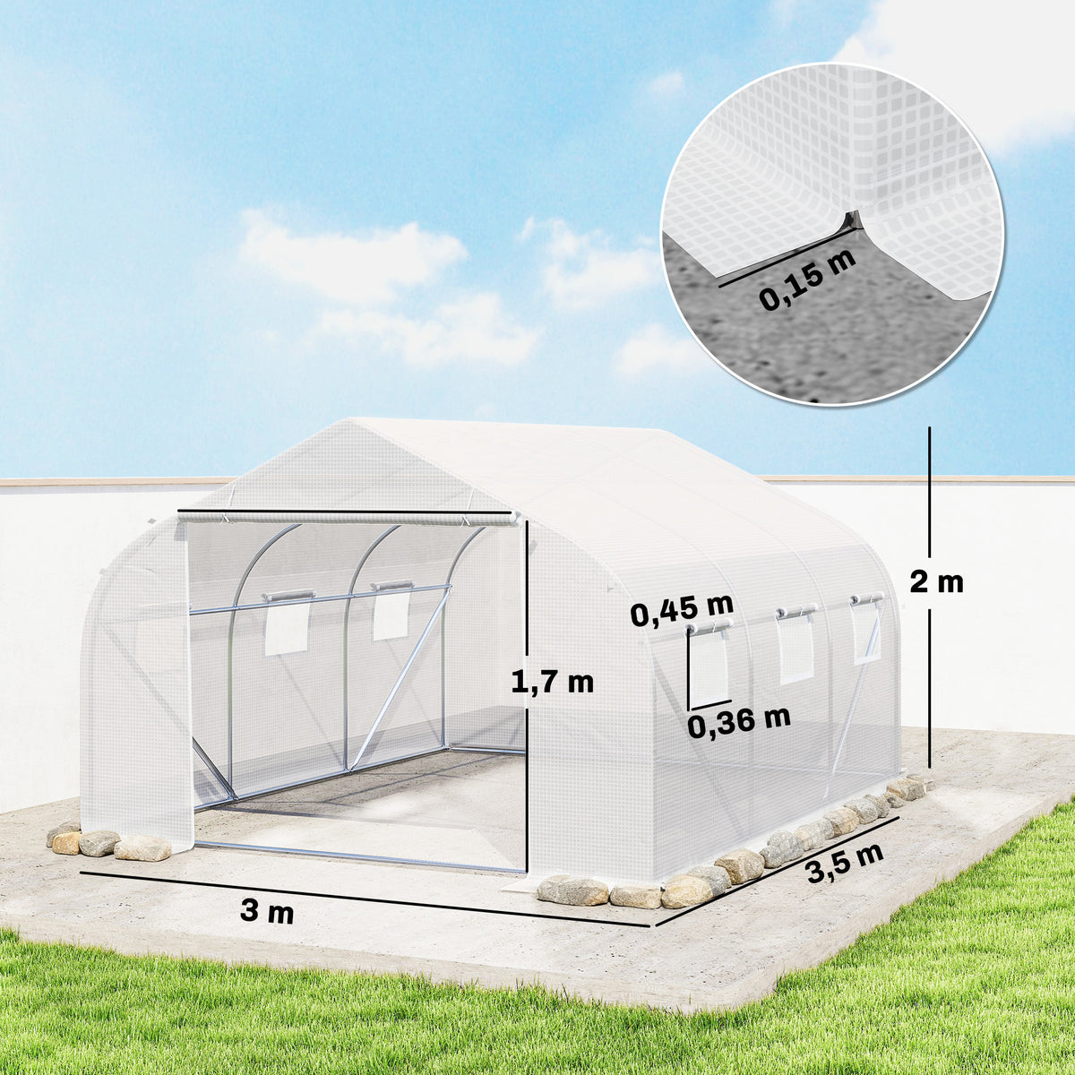 Estufa Tipo Túnel 445x299x200cm com Porta Enrolável 6 Janelas Estufa para Cultivo de Plantas Verduras Branco — foto 3