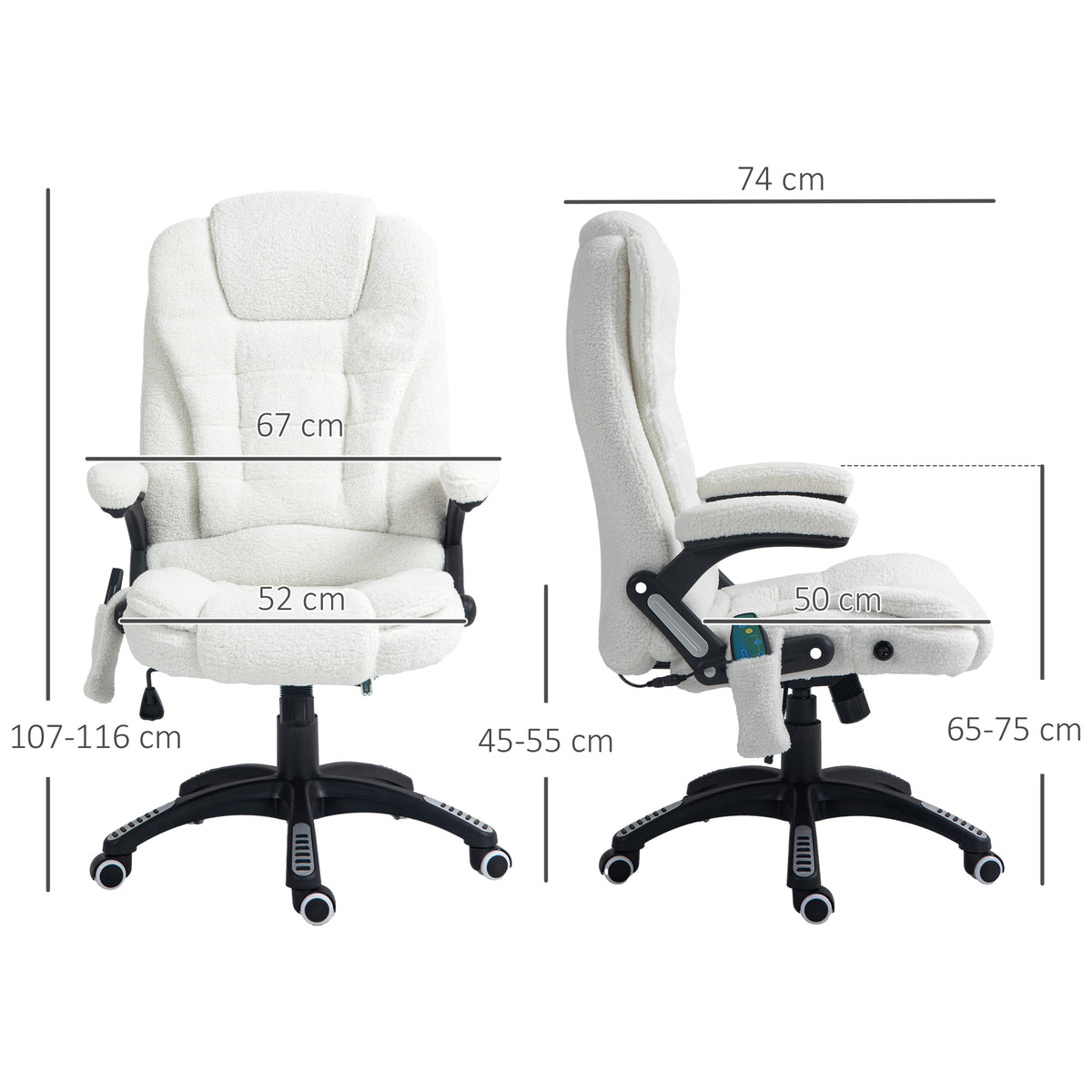 Cadeira de Massagem com 6 Pontos de Massagem Cadeira de Escritório Reclinável até 130° com Função de Aquecimento Altura Ajustável e Rodas para Estúdio 67x74x107-116 cm Branco — foto 3