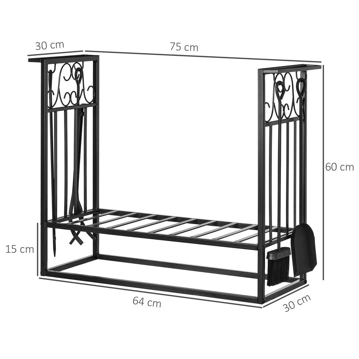 Suporte para Lenhas 75x30x60cm Porta Lenha com Desenho Vintage com 4 Ferramentas Base Elevada Carga Máxima 100kg Aço Preto — foto 3