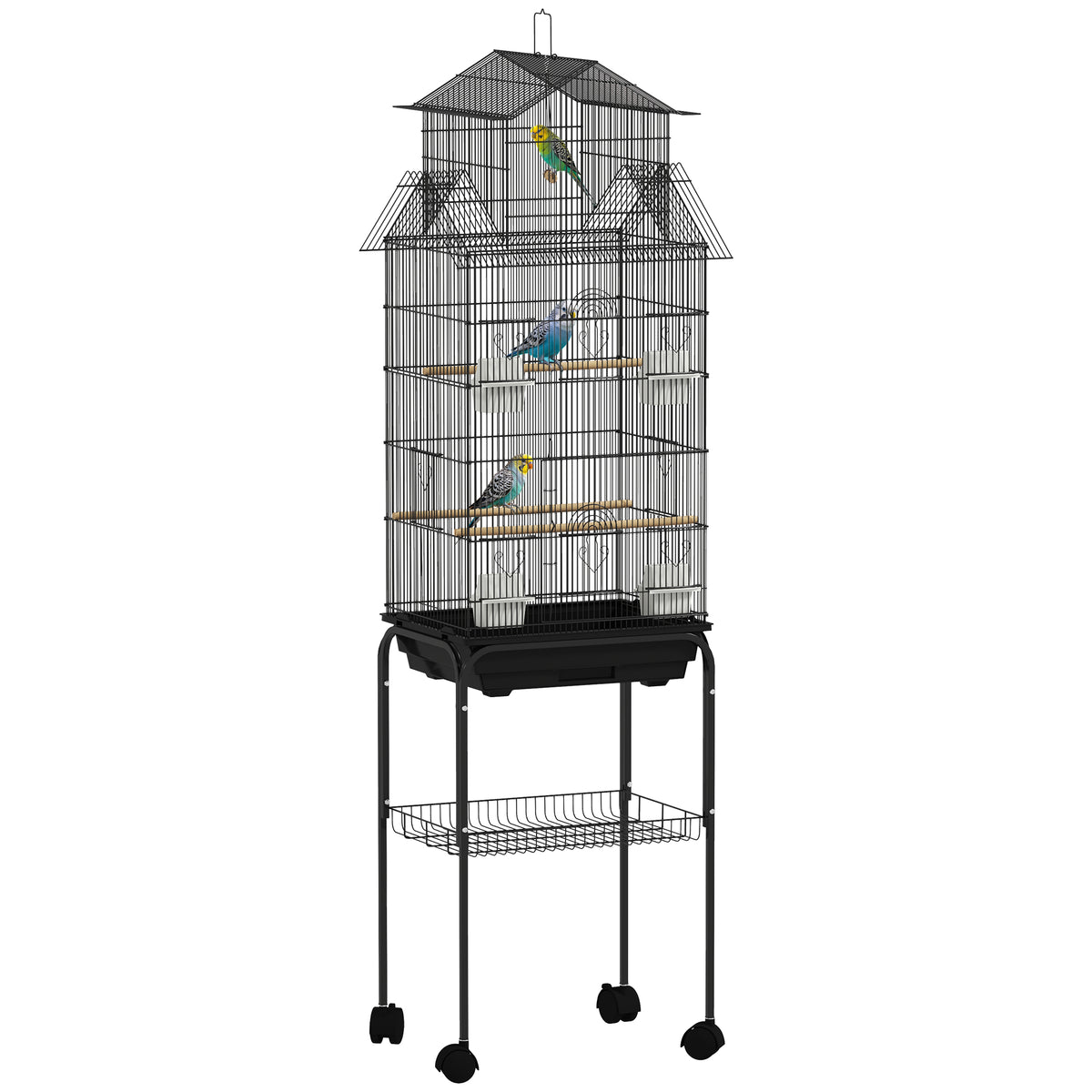 Gaiola de Metal para Pássaros com Bandeja Amovível e Rodas Gaiola para Canários com 4 Comedouros 3 Poleiros e 1 Baloiço para Periquitos 50,5x41x163 cm Preto — foto 1