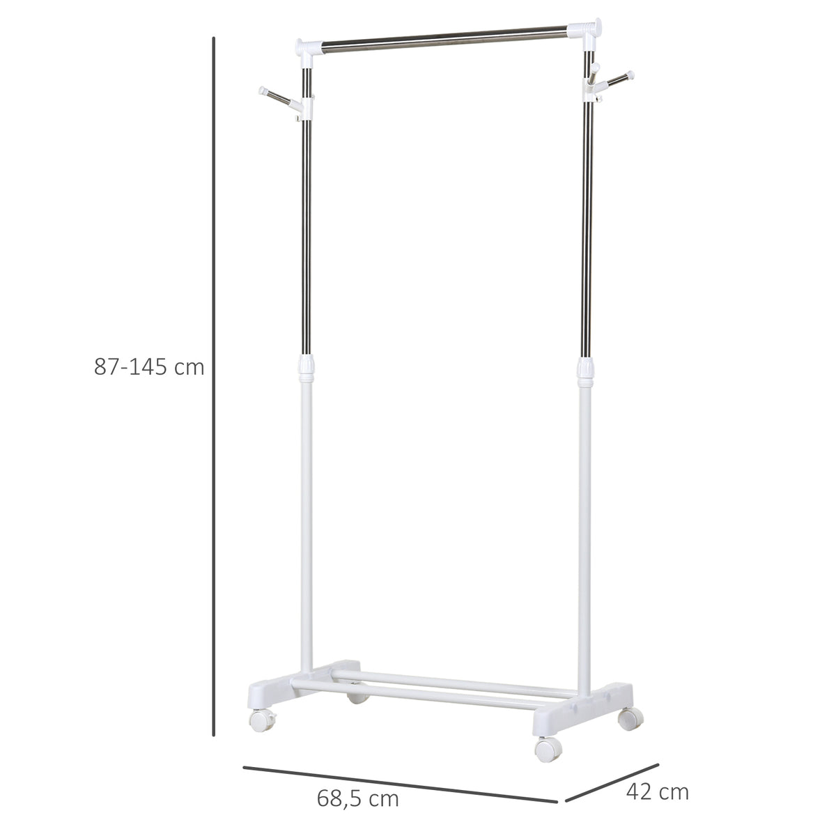 Charriot com Altura Ajustável Cabide com Rodas Portátil Prateleira Inferior Aço 68,5x42x87-145cm Branco e Prata — foto 3