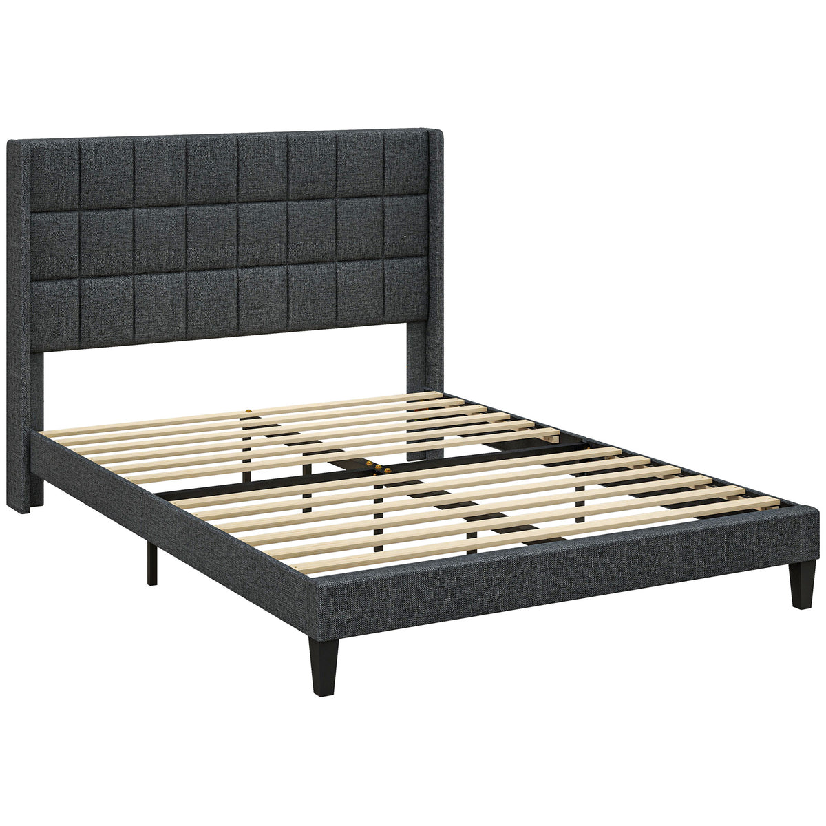 Cama 135x190 cm Estrutura de Cama com Cabeceira Estofada em Linho e Espaço de Armazenamento Debaixo da Cama Carga 300 kg Cinza — foto 1