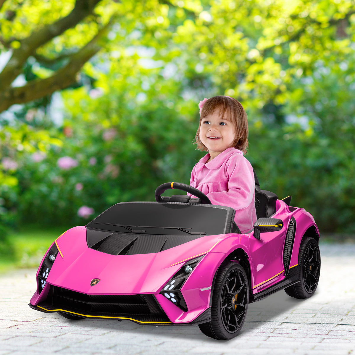 Carro Elétrico para Crianças acima de 3 Anos Carro Elétrico Lamborghini com Bateria 12V Controlo Remoto Faróis Buzina Arranque Lento e Música MP3 114,5x64x45,5 cm Rosa — foto 2