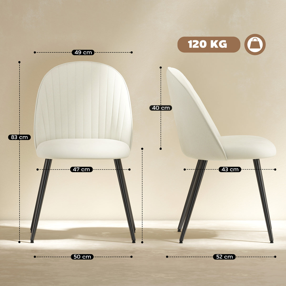 Conjunto de 4 Cadeiras de Sala de Jantar Modernas Cadeiras Estofadas em Veludo com Encosto Alto e Pés de Aço para Sala de Estar 50x52x83 cm Creme — foto 3