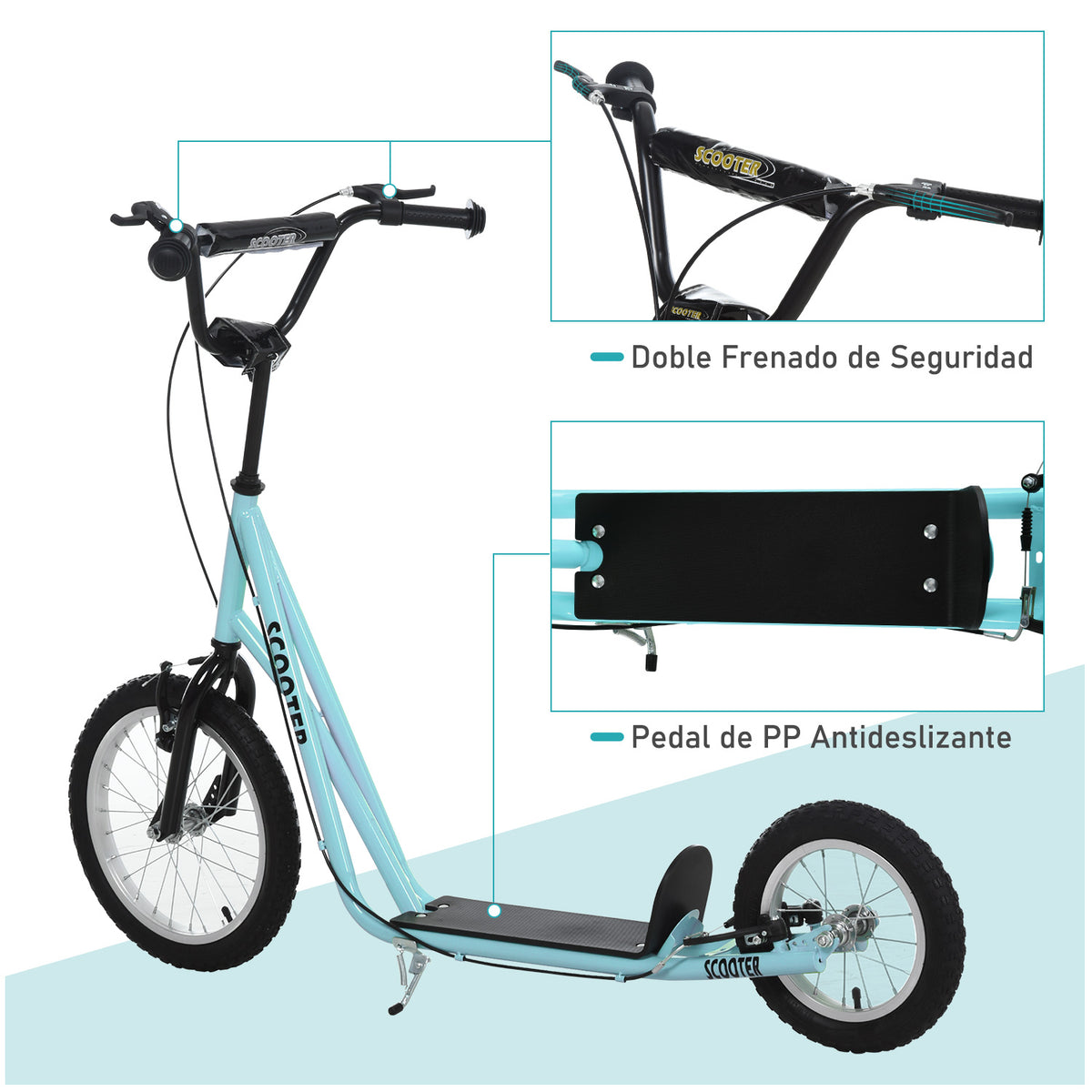 trotinete para crianças acima de 5 anos Com os 2 pneus de borracha infláveis com freio duplo Guiador ajustável em altura Suporte 100 kg 135x58x88-94 cm Azul — foto 5