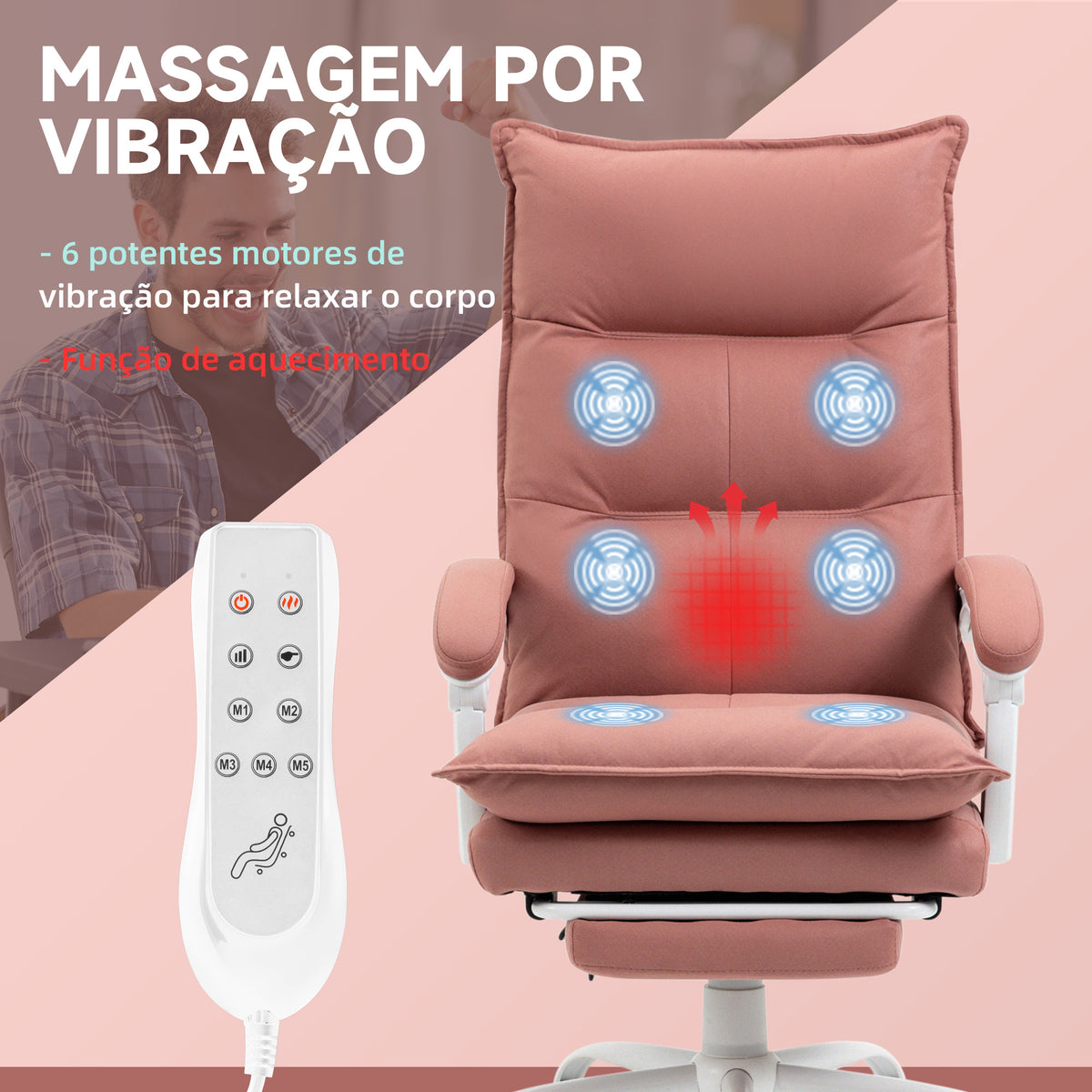 Cadeira de Escritório com 6 Pontos de Massagem e 5 Modos Cadeira de Escritório Reclinável com Função de Aquecimento Altura Ajustável e Rodas para Estúdio 66x74x114-121,5 cm Rosa — foto 4