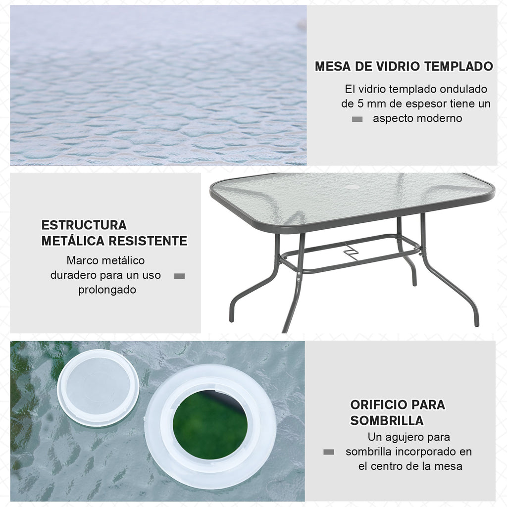 Mesa retangular de metal para jardim Bordas curvas com orifício para guarda-sol Capacidade 70kg Vidro temperado 120x80x70 cm Cinza carvão — foto 6