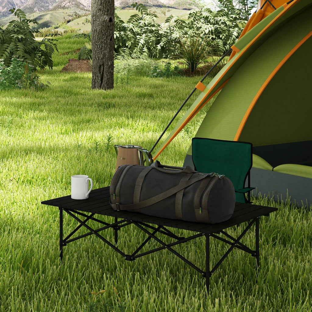 Mesa de Campismo Dobrável de Metal com Tampo Enrolável e Bolsa de Transporte Mesa de Piquenique Portátil para Campismo Trekking Praia e Barbecue 95x55x50 cm Preto — foto 8