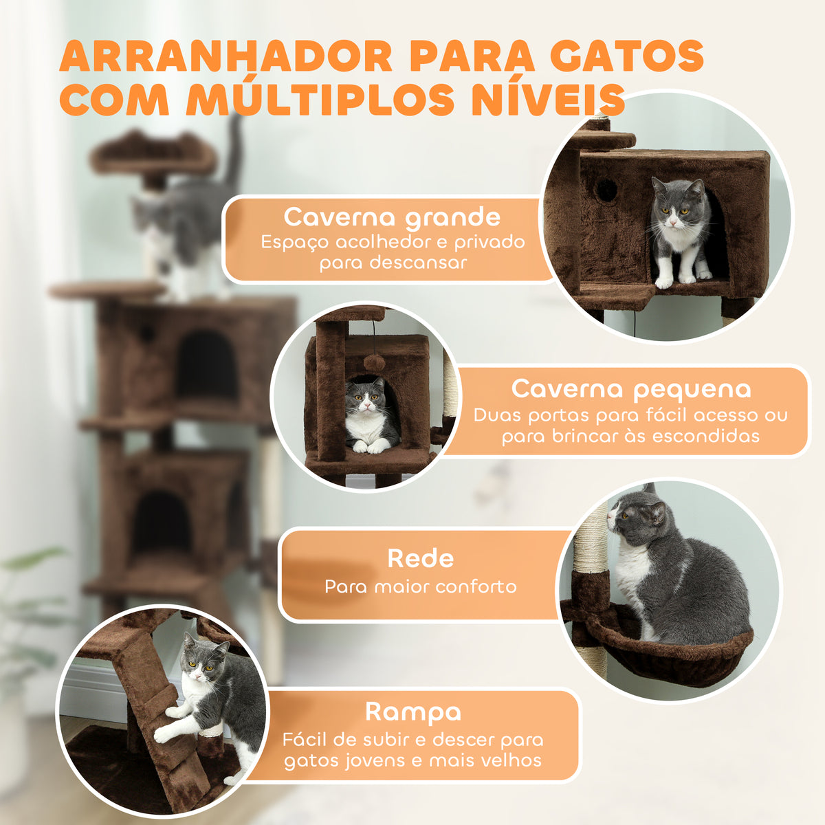 Arranhador para Gatos 160 cm Torre de Escalada com Múltiplas Plataformas Cama 2 Cavernas Rede Escada Postes de Sisal Bolas para Brincar Marrom — foto 4
