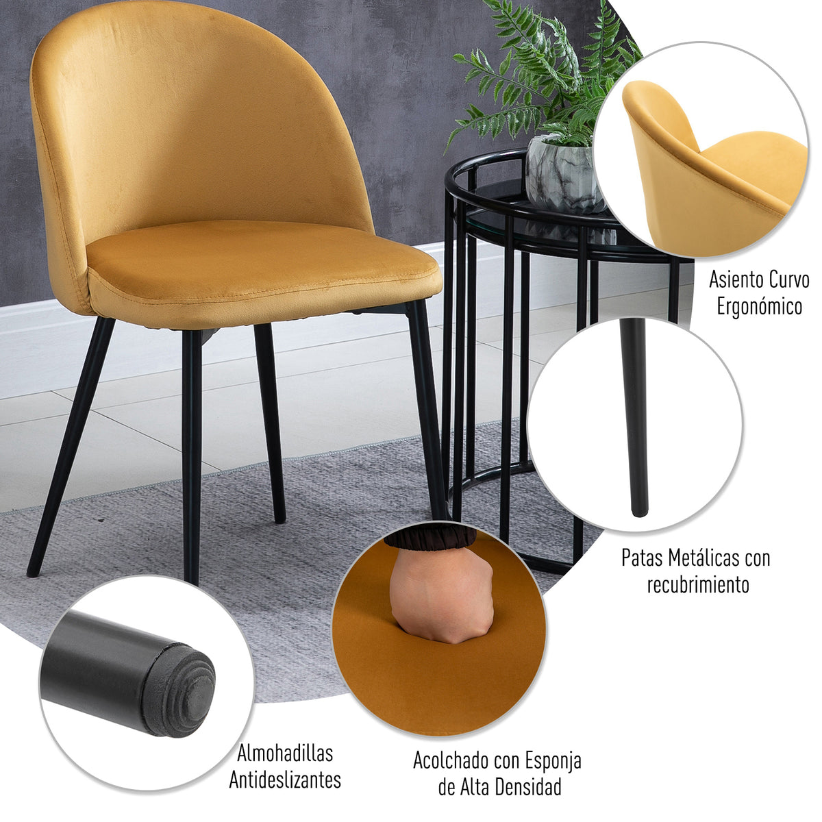 Conjunto de 2 Cadeiras de Sala de Jantar com Asento e Encosto Acolchoados Estofadas em Veludo Suave Desenho Moderno Carga Máxima 90 kg 49x50x77 cm Caramelo — foto 6
