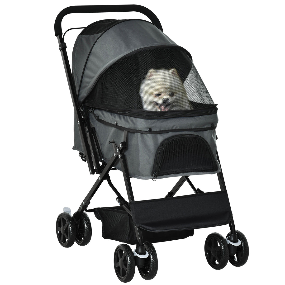 Carrinho para Animais de Estimação Dobrável Carro para Cães e Gatos com Capô Ajustável Cesta de Armazenamento Cinto de Segurança Tecido Oxford 600D Aço 76,5x52x95cm Cinza — foto 1