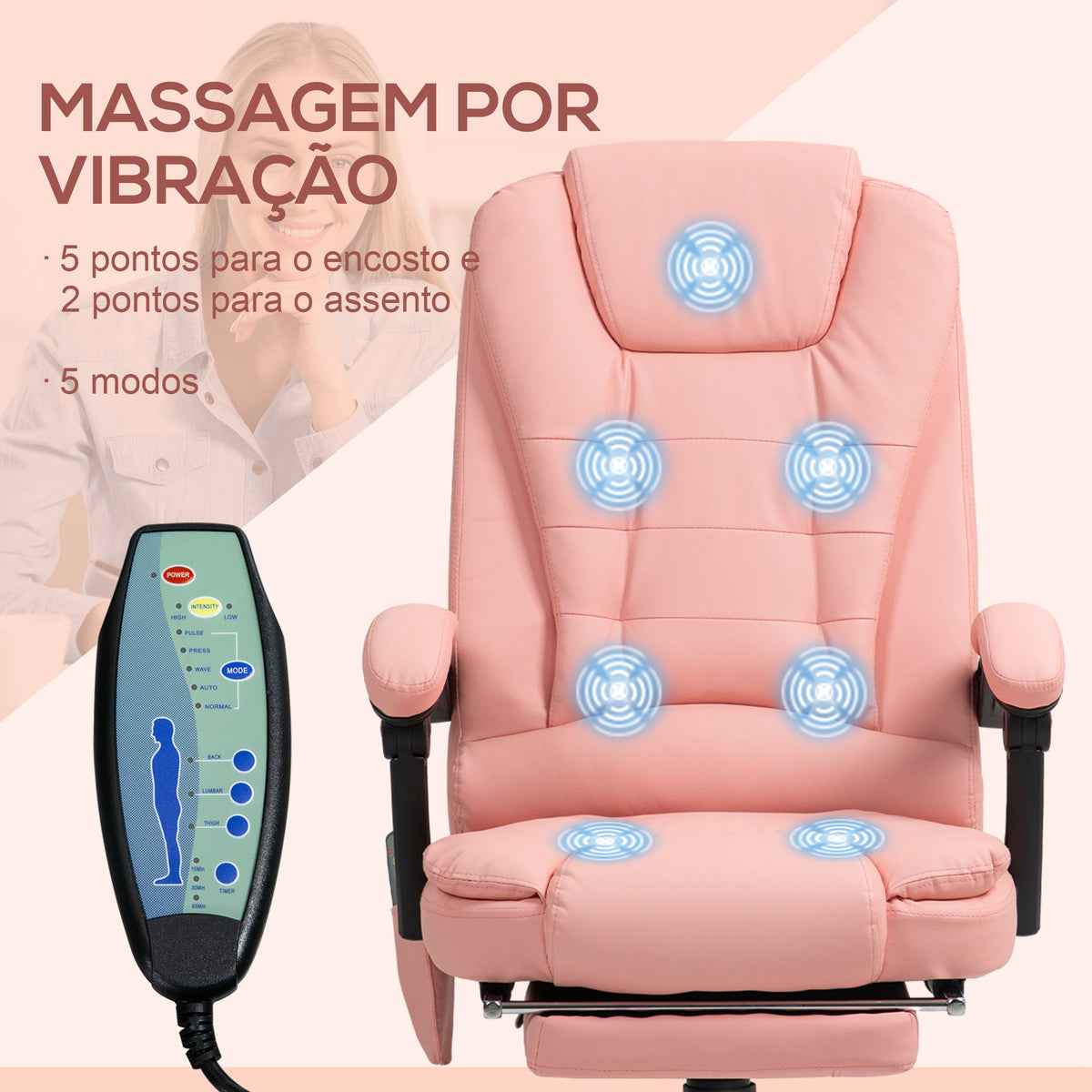 Cadeira de Massagem com 7 Pontos de Massagem Cadeira de Escritório Reclinável com Altura Ajustável Apoio para os Pés e Controlo Remoto 67x67x111-121 cm Rosa — foto 4