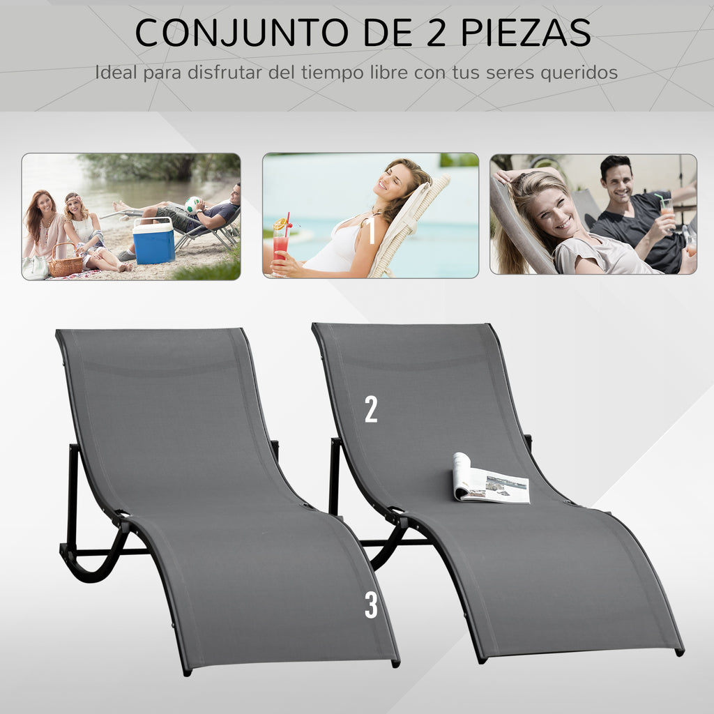 Conjunto 2 Espreguiçadeiras Ergonômicas Dobráveis ​​em Forma de S com Estrutura de Alumínio Textilene para Piscina Pátio Jardim e Varanda 165x61x63cm Cinza — foto 4