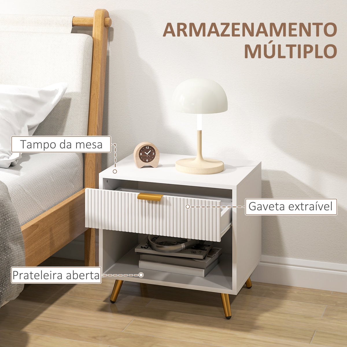 Mesa de Cabeceira Moderna Mesa de Cabeceira com Gaveta Puxador Dourado e Compartimento Aberto Mesa Auxiliar para Sala de Estar Dormitório 50x40x47 cm Branco — foto 5