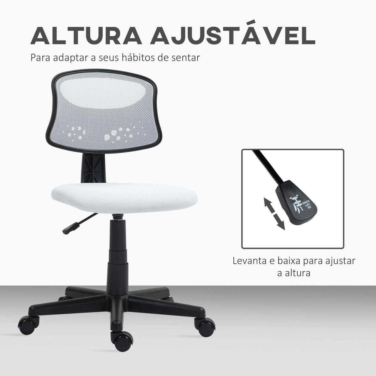 Cadeira de Escritório sem Apoio para os Braços Cadeira de Escritório Giratória com Encosto de Malha Respirável Altura Ajustável Carga 120 kg 43x48x78-88 cm Branco — foto 5