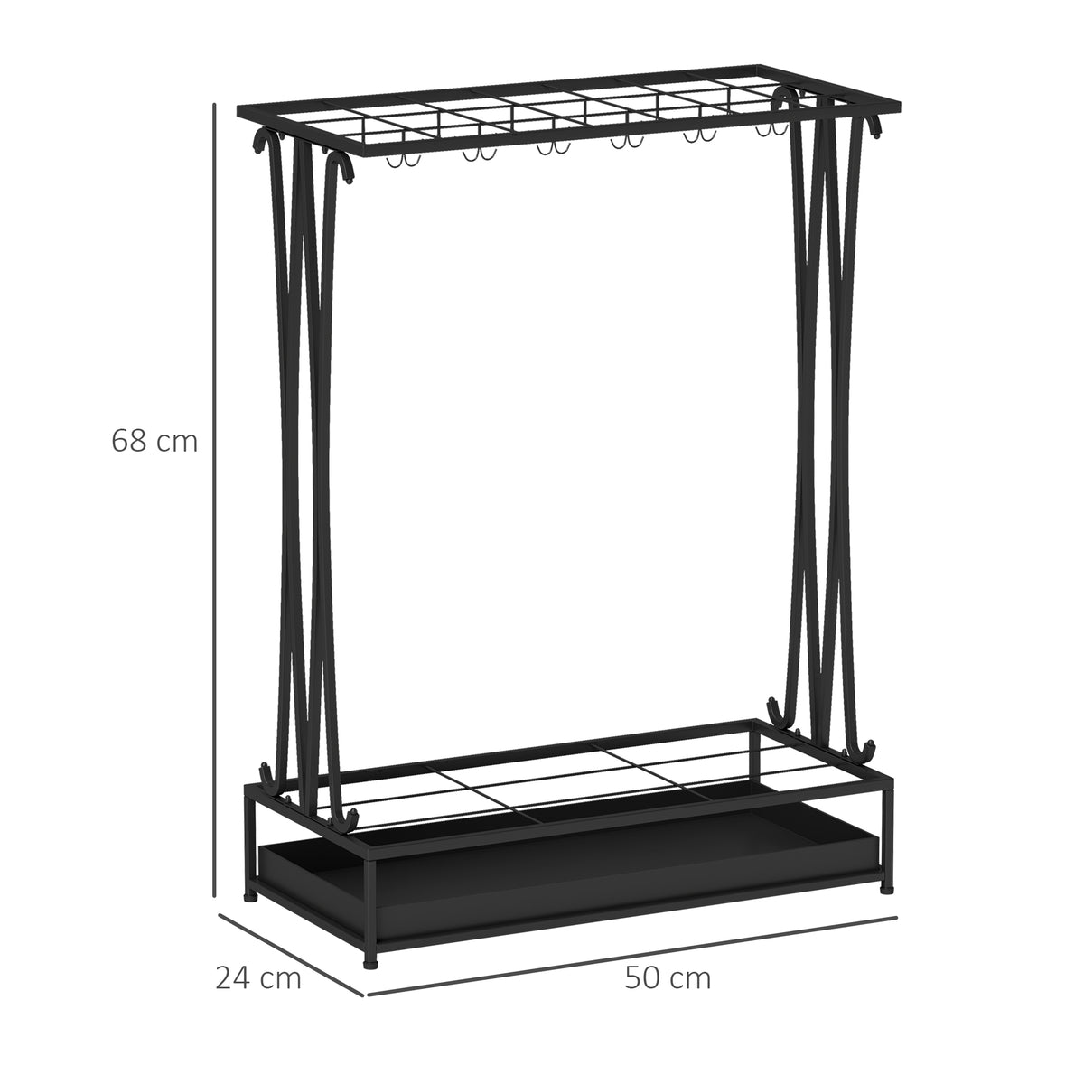 Suporte para Guarda-Chuva Moderno Retangular Suporte para Guarda Chuvas de Aço com 24 Ganchos 21 Espaços e Bandeja Recolhedora de Gotas Amovível para Entrada Escritório 50x24x68 cm Preto — foto 3