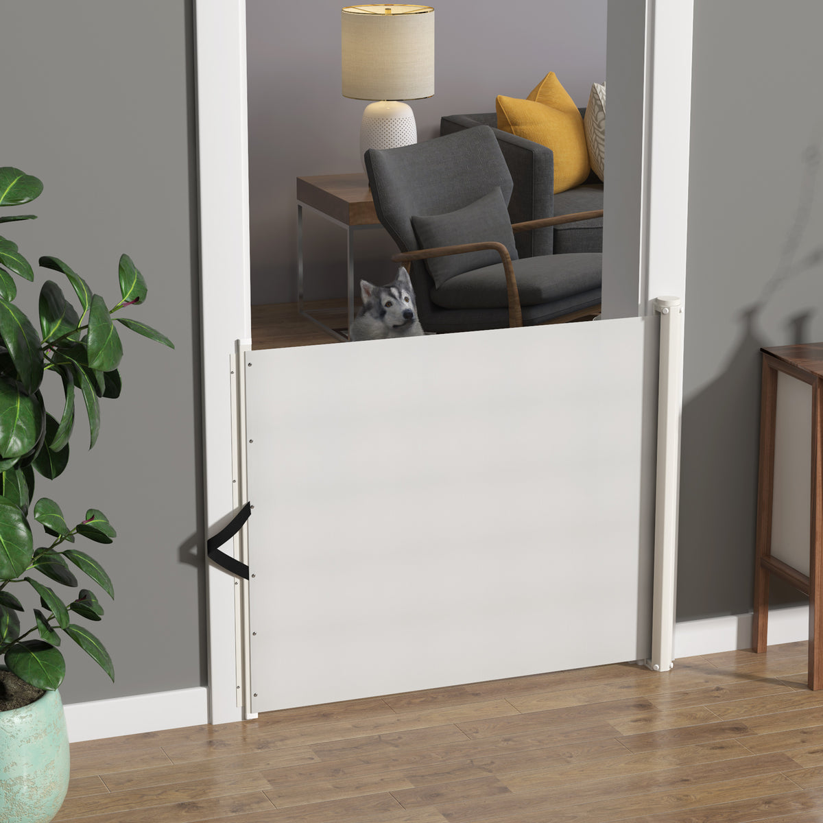 Barreira de segurança extensível até 115 cm Vedação para animais de estimação Bebês Crianças 115x82,5 cm Textilene Branco — foto 2