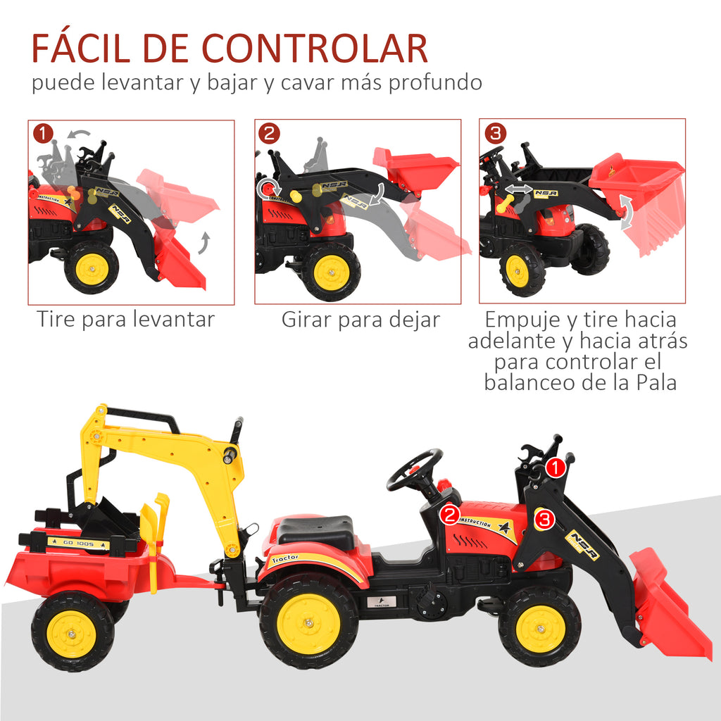 Trator de pedais com reboque escavadeira com pá frontal de brinquedo de condução para crianças acima de 3 anos Direção e pás de fácil controle Suporta até 35 kg 179x42x59 cm Vermelho — foto 6