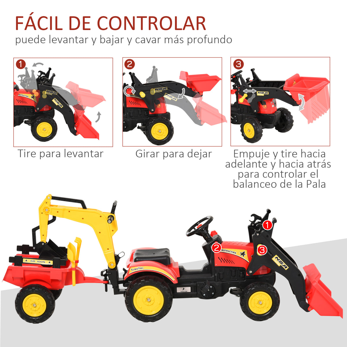 Trator de pedais com reboque escavadeira com pá frontal de brinquedo de condução para crianças acima de 3 anos Direção e pás de fácil controle Suporta até 35 kg 179x42x59 cm Vermelho — foto 6