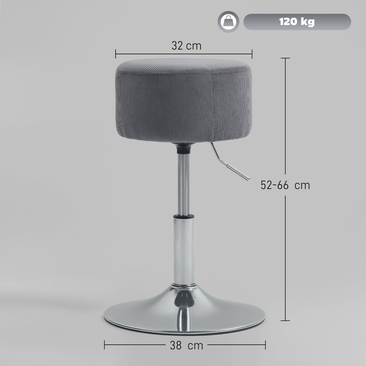 Banco de Bar Giratório Banco Alta de Cozinha Ajustável em Altura 52-66 cm Estofado em Veludo Giratória a 360° para Sala de Jantar Tocador Balcão Cinzento — foto 3
