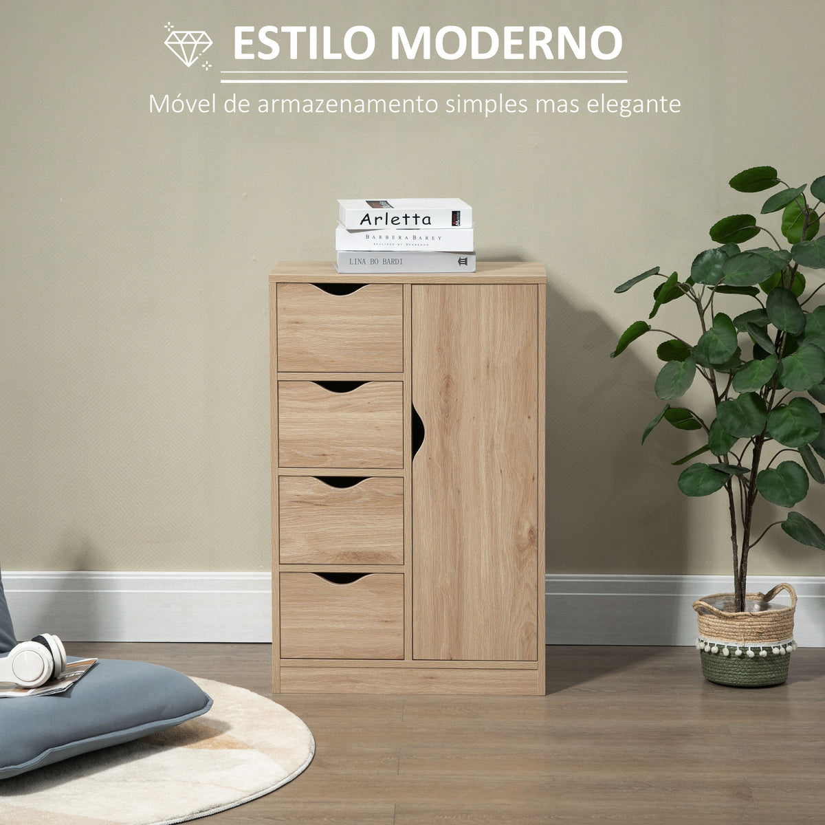 Armário de Sala de Estar Aparador Auxiliar com 4 Gavetas 1 Armário e Prateleira Inferior Móvel de Armazenamento Múltiuso para Dormitórios Sala de Jantar 54x29x83cm Carvalho — foto 4