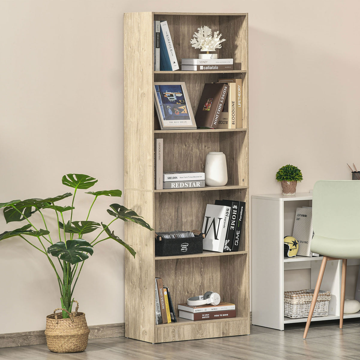 Estante para Livros de 5 Níveis com Prateleira Ajustável e Desenho Anti-Tombo Estante de Armazenamento para Sala de Estar Estúdio Escritório 63x29,5x176 cm Madeira — foto 2