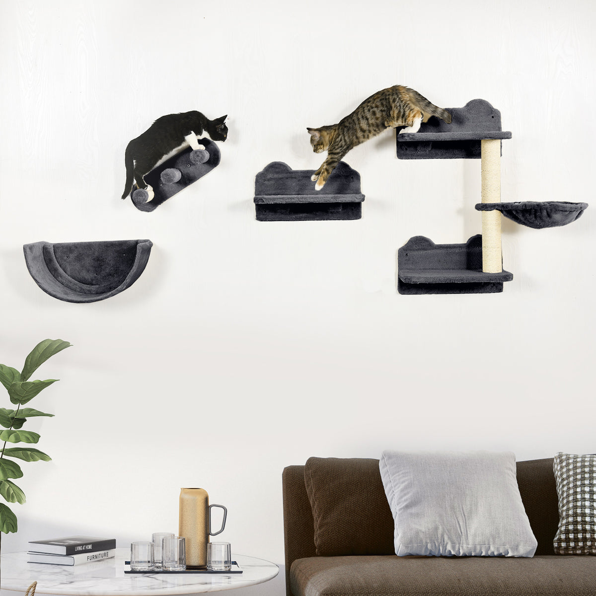 Prateleiras de Escalada para Gatos de Parede Conjunto de Prateleiras para Gatos 4 Peças com Rede Plataforma Semicircular Plataformas de Salto e Poste de Sisal Cinza Escuro — foto 2