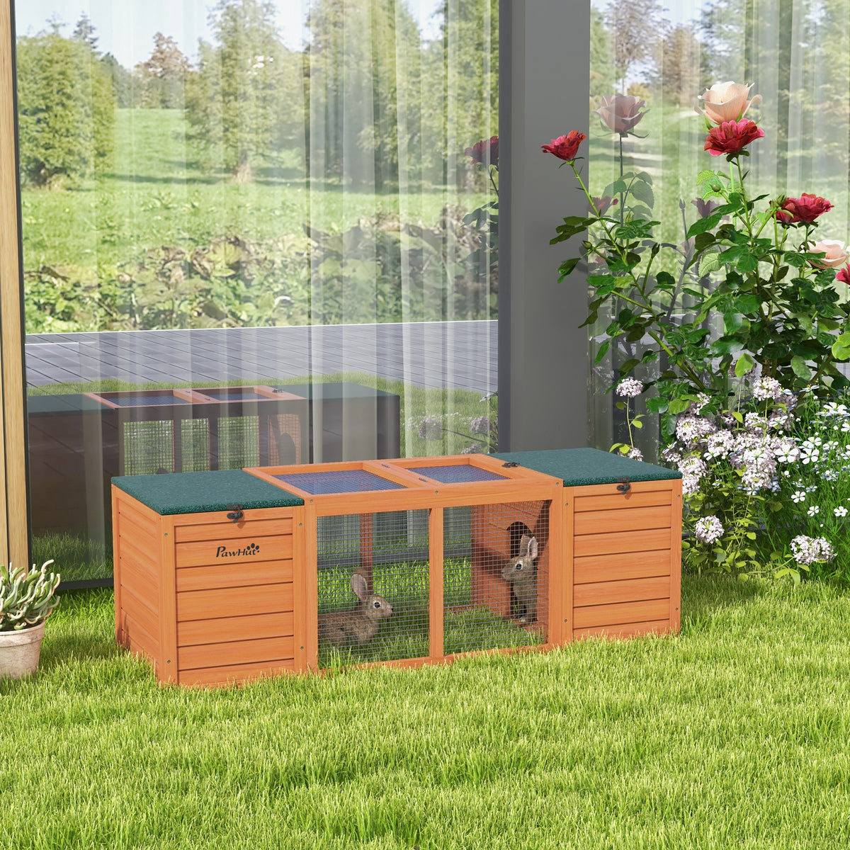 Coelheira de Madeira Gaiola para Coelhos com 2 Ninhos 1 Porta Superior Área Aberta e Telhado de Asfalto para Exterior 140x52x46 cm Madeira — foto 2
