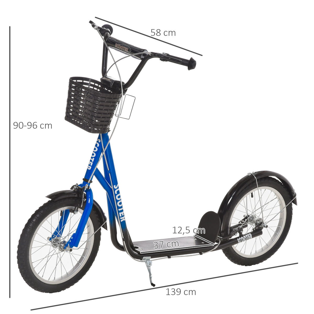 Patinete infantil, scooter com freio, incl. cesto, ajustável em altura, para crianças 5-12 anos, azul+preto — foto 2