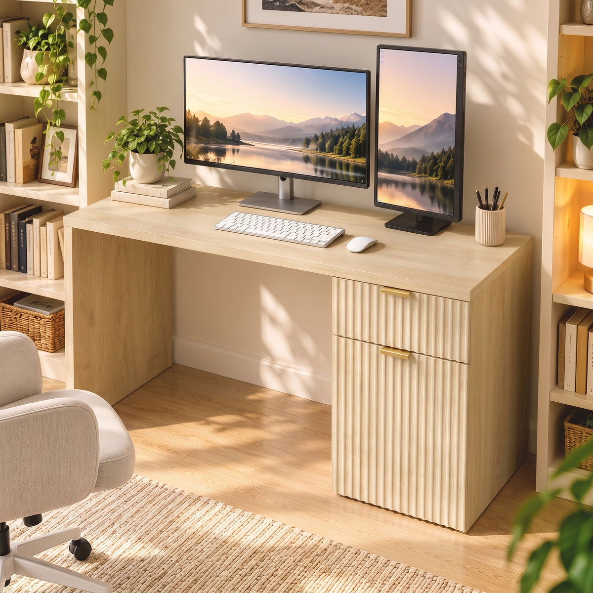 Secretária para Computador 120 cm com Gaveta Armário Reversível Prateleira Ajustável e Tampo Espesso Carvalho — imagem 3