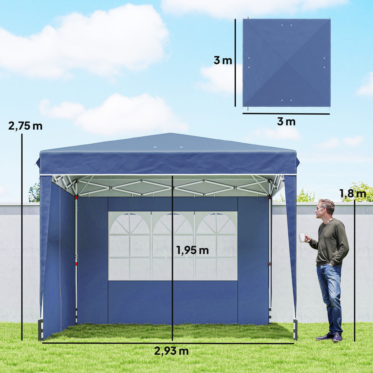 Pérgola Dobrável 3x3 m com Paredes e Altura Ajustável Proteção UV 50+ Azul Escuro — foto 2
