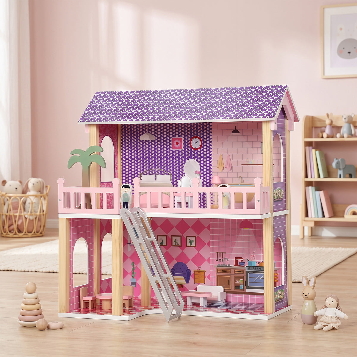 Casa de Bonecas de Madeira para Crianças, 2 Andares, 11 Móveis, Presente para Meninas 3-6 Anos, Rosa — foto 2