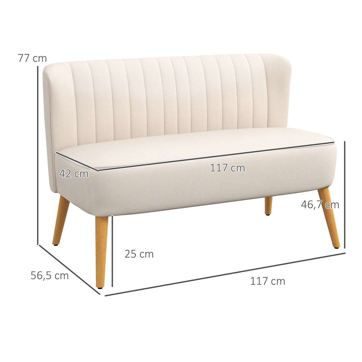 Sofá Design Retrô 2 Lugares Pernas de Madeira 117x56,5x77 cm Creme Branco — foto 2