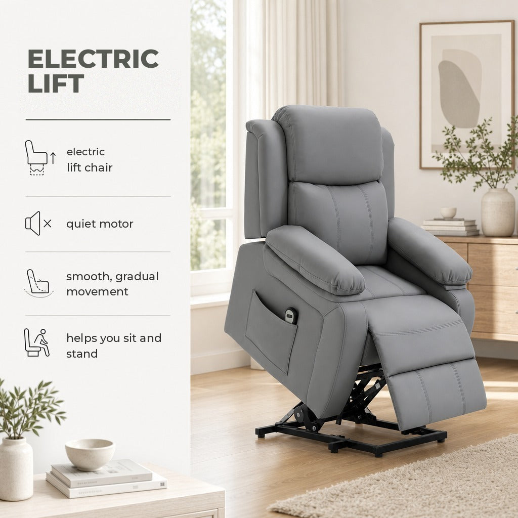 Poltrona Relax Levanta Pessoas com Controle Remoto Reclinação Elétrica de 160° Apoio para os Pés Encosto Estofado em PU e Bolsos Laterais 76x90x105cm Cinza — Características | Features
