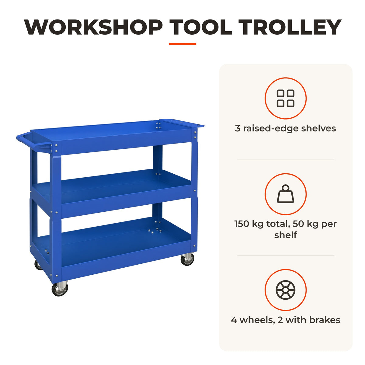 Carrinho de Ferramentas com Rodas Carro de Ferramentas de Oficina de Aço com 3 Prateleiras de Armazenamento e Alça Lateral para Garagem Oficina Carga Máxima 150kg 83x35,3x76 cm — Características | Features
