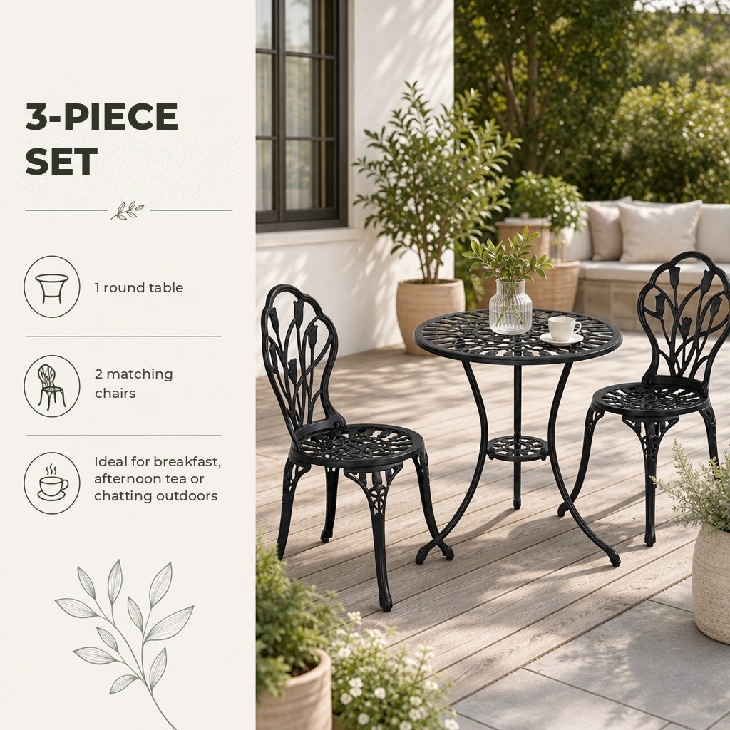 Conjunto de Mesa e Cadeiras de Exterior de 3 Peças Móveis de Jardim de Alumínio com Encosto com Padrão de Tulipa e Mesa com Orifício para Chapéu de Sol Preto — Características | Features