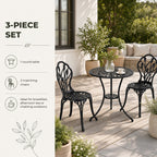 Conjunto de Mesa e Cadeiras de Exterior de 3 Peças Móveis de Jardim de Alumínio com Encosto com Padrão de Tulipa e Mesa com Orifício para Chapéu de Sol Preto — Características | Features