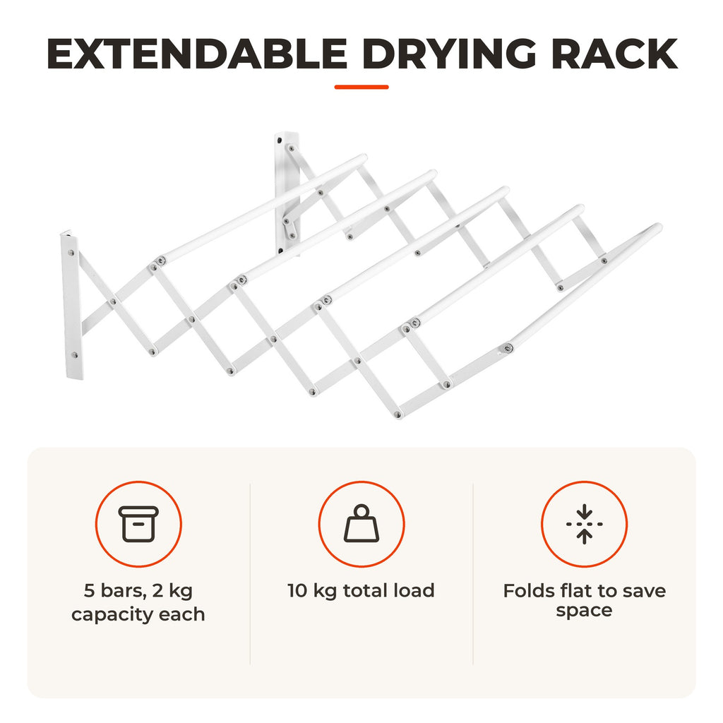 Estendal de Parede Extensível de 63,5cm de Metal com 5 Barras para Interior e Exterior Carga 10kg 63,5x60x20cm Branco — Características | Features