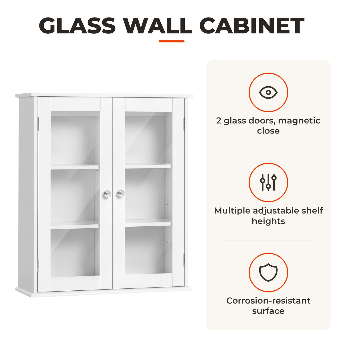 Kleanklin Armário Casa de Banho de Parede com 2 Portas de Cristal Armário Suspenso com Prateleiras Ajustáveis em Altura Multiuso para Cozinhas Sala de Estar 55x20x65cm Branco — Características | Features