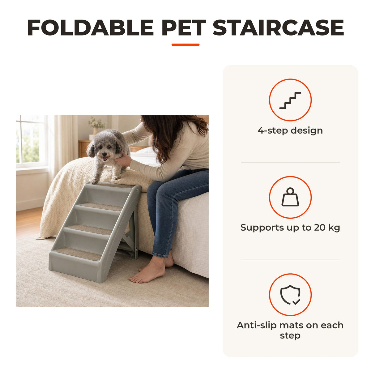 Escada Dobrável para Animais de Estimação de 4 Degraus para Cães Gatos Portátil com Tapetes Antiderrapantes para Cama Sofá Carga 20kg 62x38x49,5cm Cinza — Características | Features