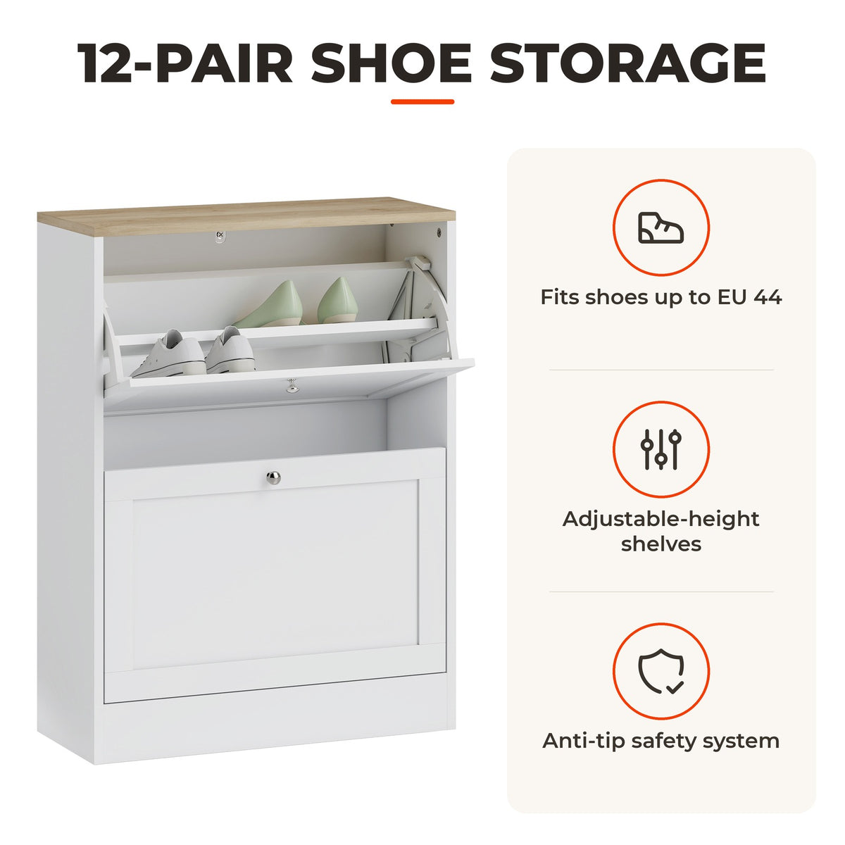 Sapateira Estreita com 2 Portas Sapateira para Entrada com Prateleiras Ajustáveis para 12 Pares de Sapatos 60x24x80 cm Branco — Características | Features
