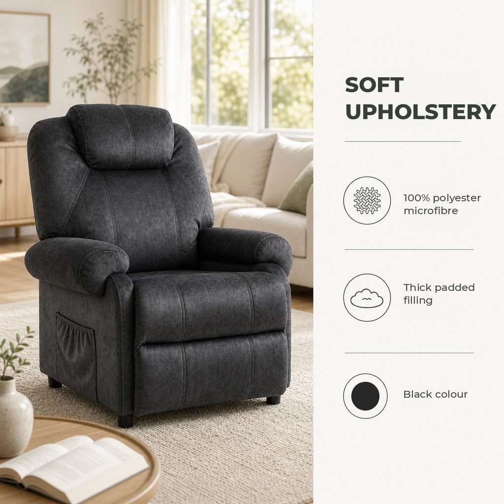 Poltrona Relax Reclinável Poltrona para Sala de Estar com Apoio para os Pés Retrátil Encosto Alto Bolso Lateral Acolchoado Grosso 88x91x108 cm Preto — Características | Features