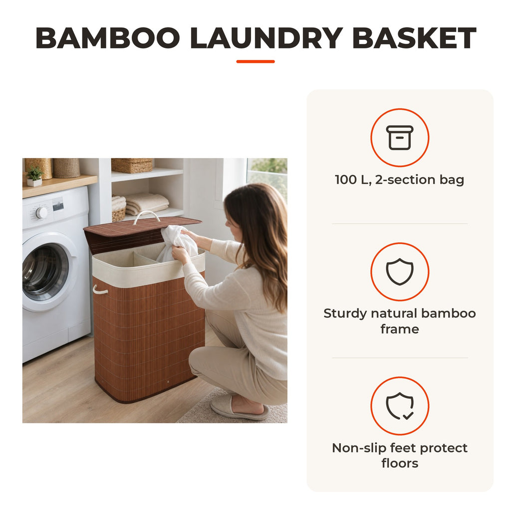 Cesto para Roupa Suja de Bambú Capacidade de 100L Cesta para Roupa Suja Retangular com Tampa Removível Bolsa com 2 Compartimentos 52x32x63cm Marrom — Características | Features