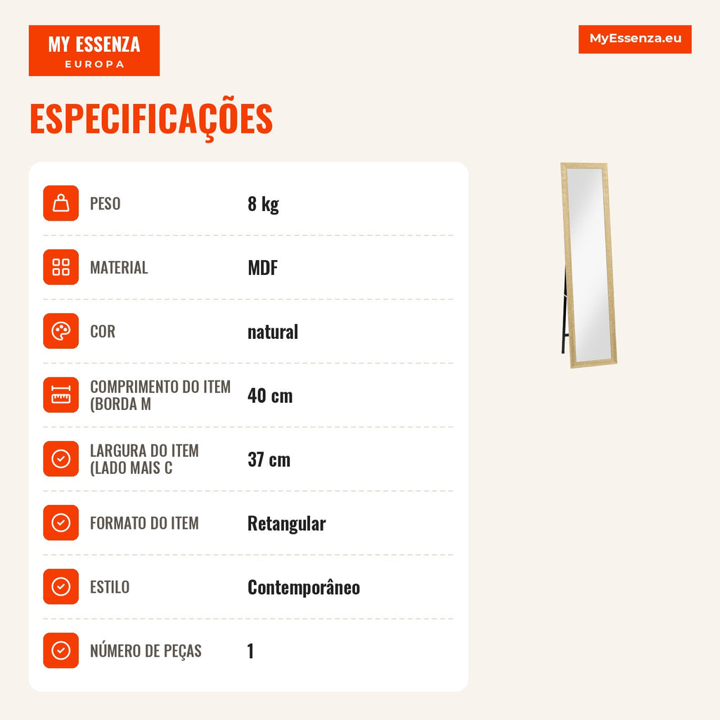 Espelho com Suporte para Parede ou para Colocar Retangular com Moldura de Madeira para Sala Quarto 37x155 cm Marrom Claro — infografia 3